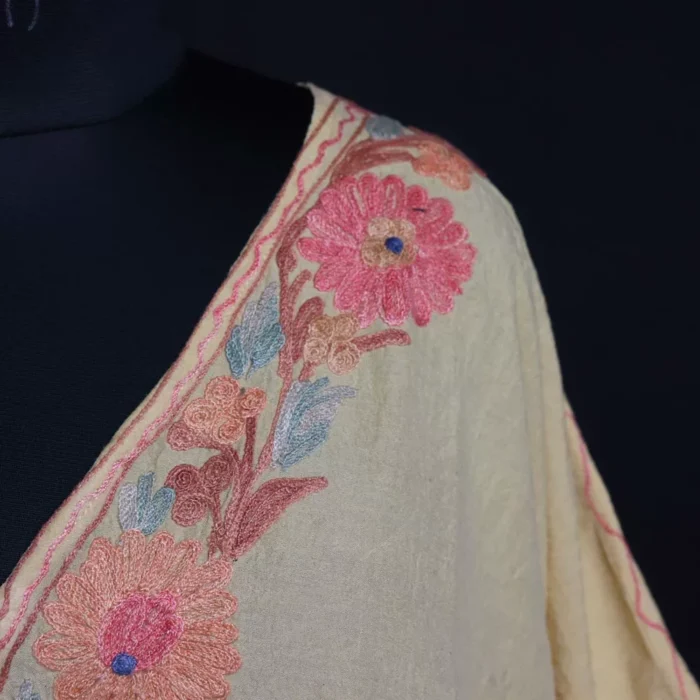 Stylish Kashmiri Yellow Short Kaftan – Aari Embroidered Crush Cotton - Image 3