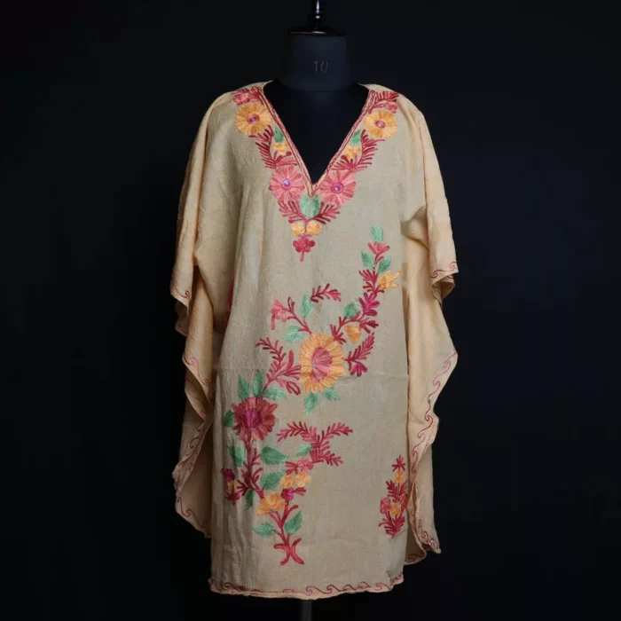 Yellow Short Kashmiri Kaftan – Aari Embroidered Crush Cotton