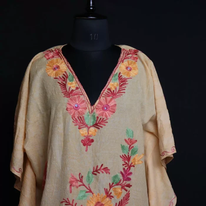 Yellow Short Kashmiri Kaftan – Aari Embroidered Crush Cotton - Image 2