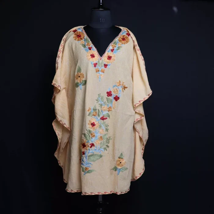 Kashmiri Yellow Short Kaftan – Aari Embroidered Crush Cotton