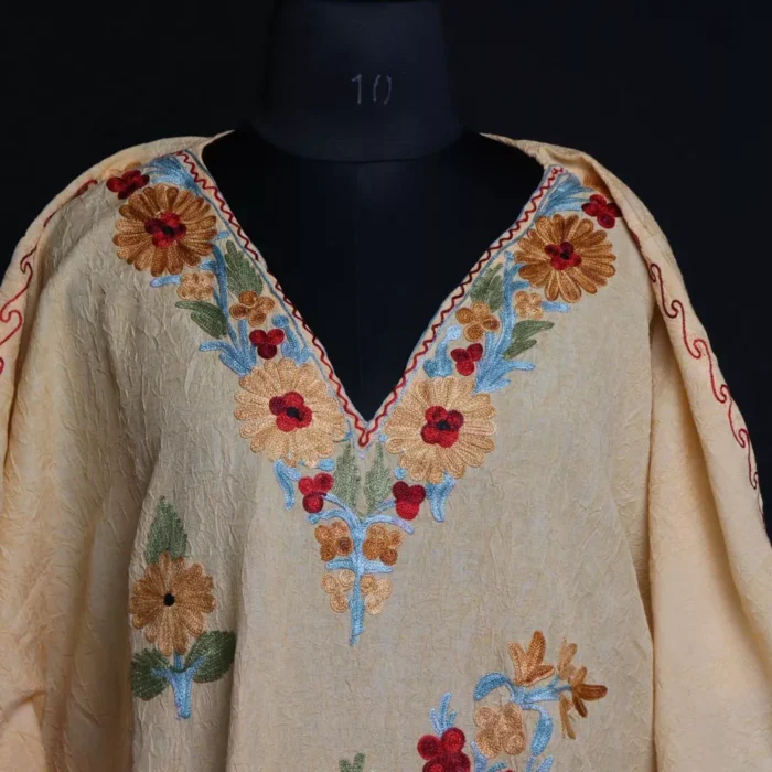 Kashmiri Yellow Short Kaftan – Aari Embroidered Crush Cotton - Image 2