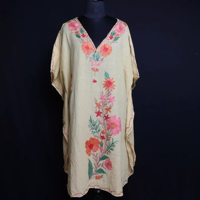 Kashmiri Yellow Short Kaftan – Aari Embroidered Crush Cotton