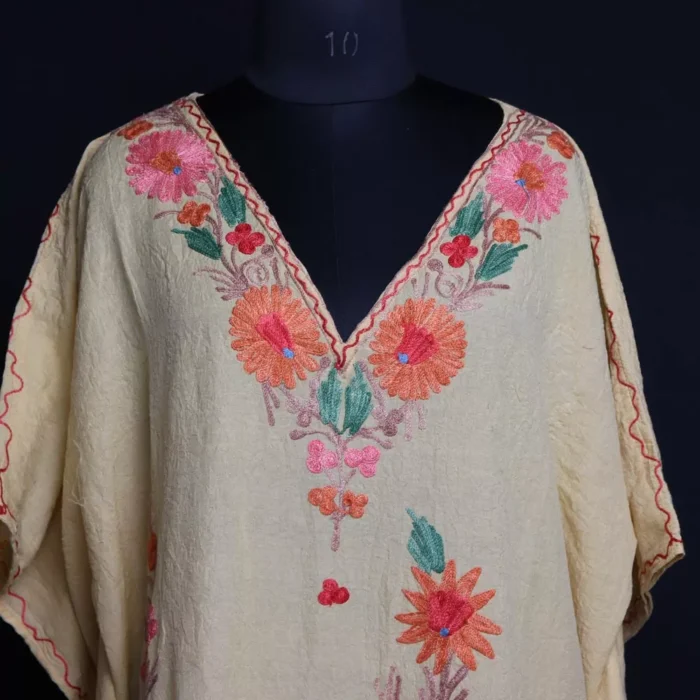 Kashmiri Yellow Short Kaftan – Aari Embroidered Crush Cotton - Image 2