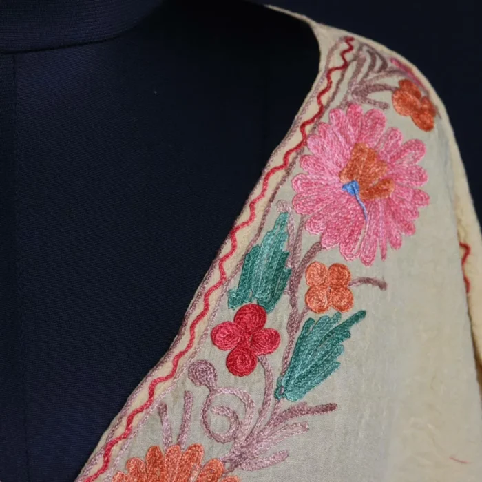 Kashmiri Yellow Short Kaftan – Aari Embroidered Crush Cotton - Image 3