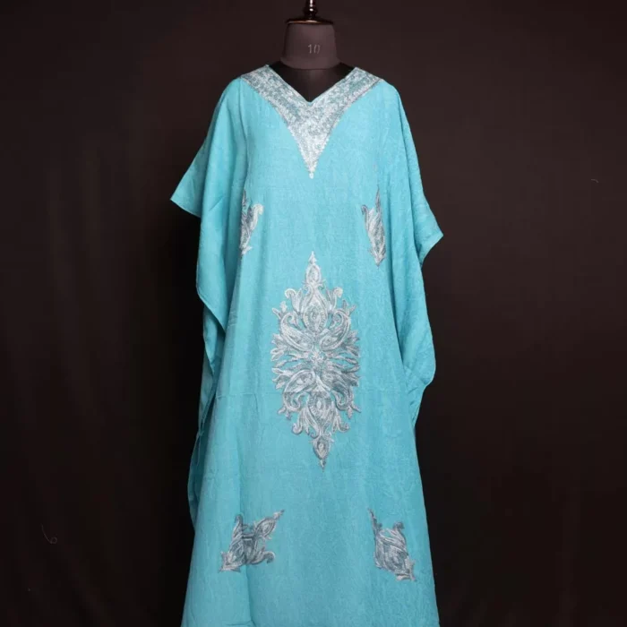 Ferozi Blue Kashmiri Kaftan – Aari Embroidered Crush Cotton L52