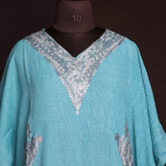 Ferozi Blue Kashmiri Kaftan – Aari Embroidered Crush Cotton L52 - Image 2