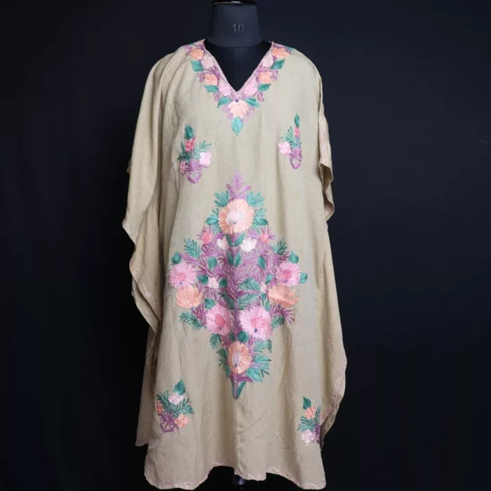 Kashmiri Kaftan – Aari Embroidered Beige Color Crush Cotton