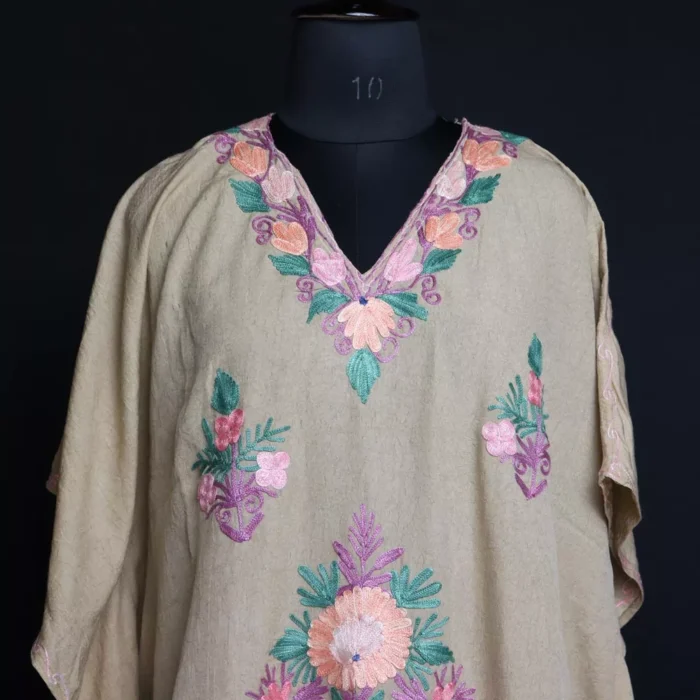 Kashmiri Kaftan – Aari Embroidered Beige Color Crush Cotton - Image 3