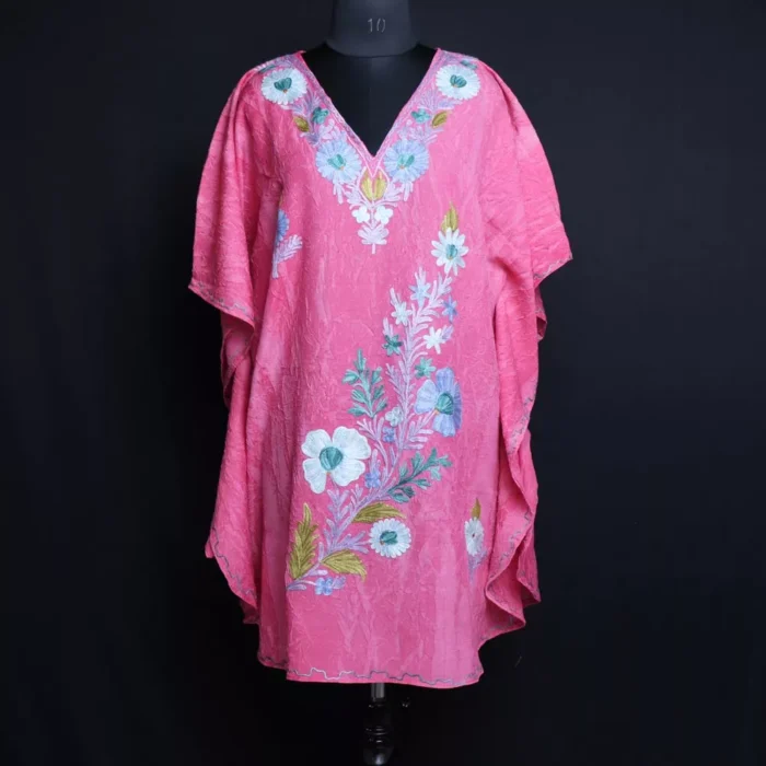 Kashmiri Short Kaftan – Aari Embroidered Pink Crush Cotton