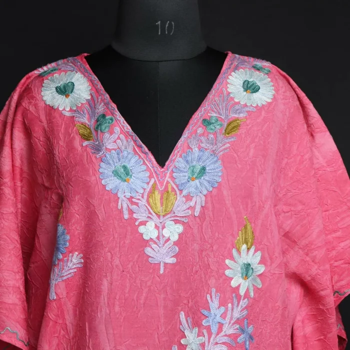 Kashmiri Short Kaftan – Aari Embroidered Pink Crush Cotton - Image 2