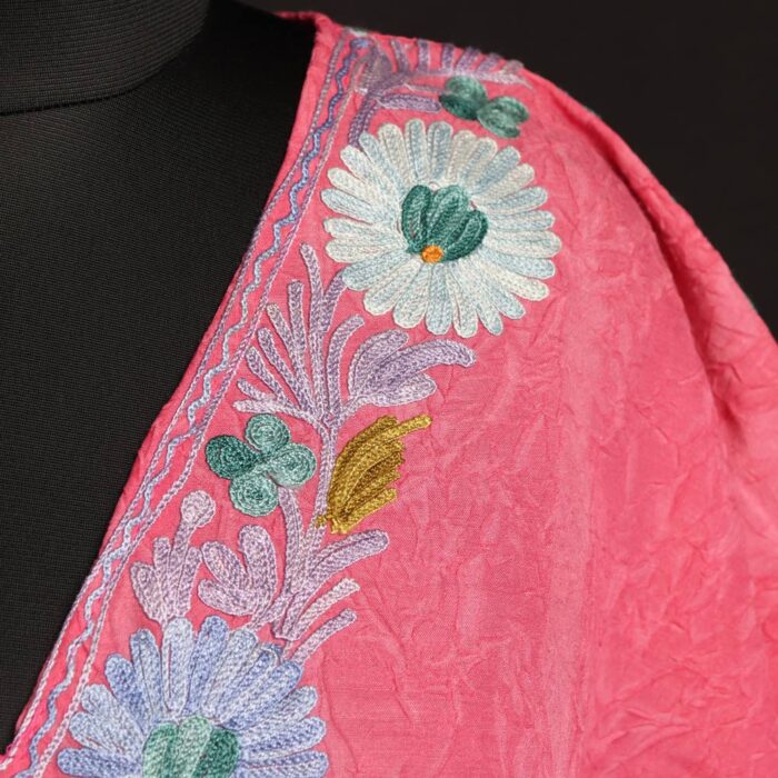 Kashmiri Short Kaftan – Aari Embroidered Pink Crush Cotton - Image 3