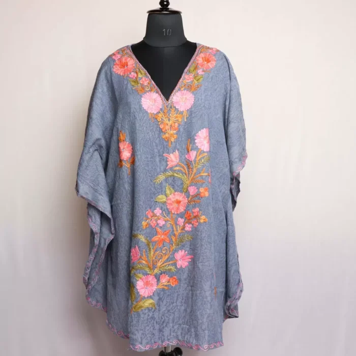 Kashmiri Short Kaftan – Aari Embroidered Dark Grey Crush Cotton