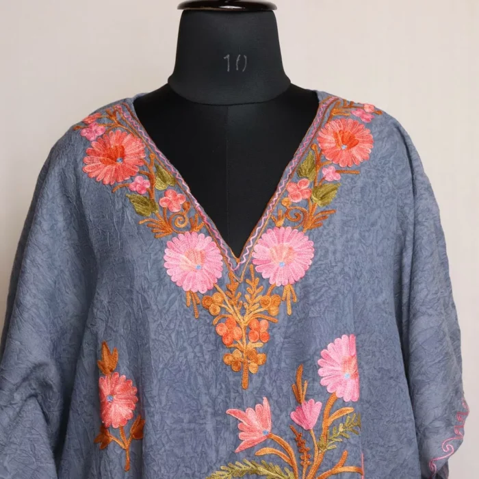 Kashmiri Short Kaftan – Aari Embroidered Dark Grey Crush Cotton - Image 2