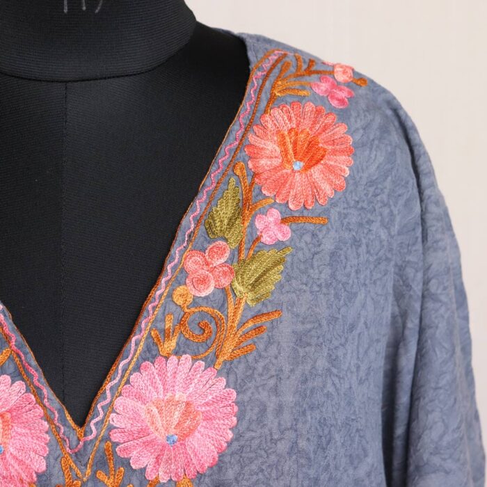 Kashmiri Short Kaftan – Aari Embroidered Dark Grey Crush Cotton - Image 3