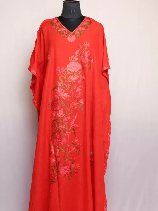 Red Kashmiri Kaftan – Aari Embroidered Crush Cotton L55