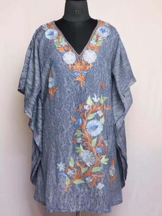 Aari Embroidered Kashmiri Short Kaftan – Dark Grey Crush Cotton