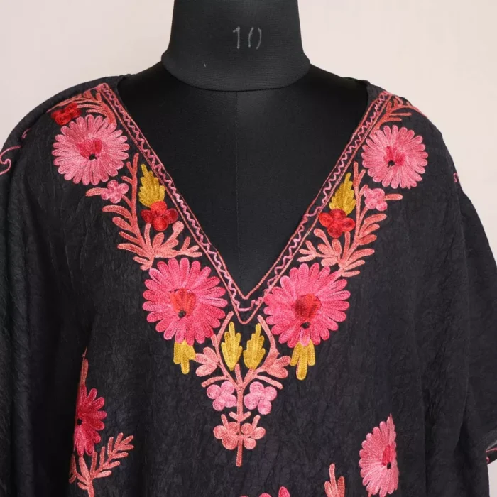 Black Short Kashmiri Kaftan – Aari Embroidered Crush Cotton - Image 2