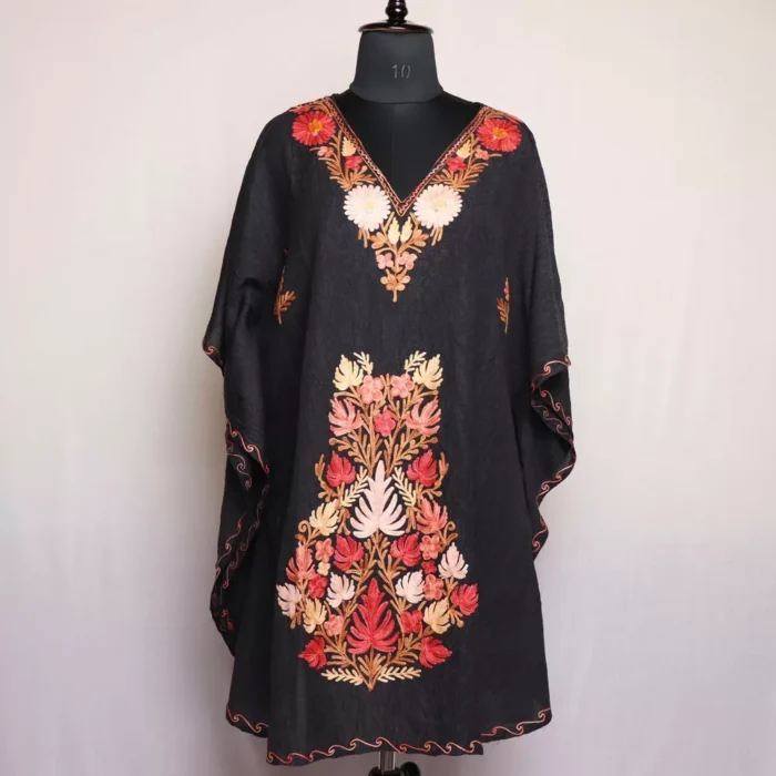 Kashmiri Short Kaftan – Aari Embroidered Dark Black Crush Cotton