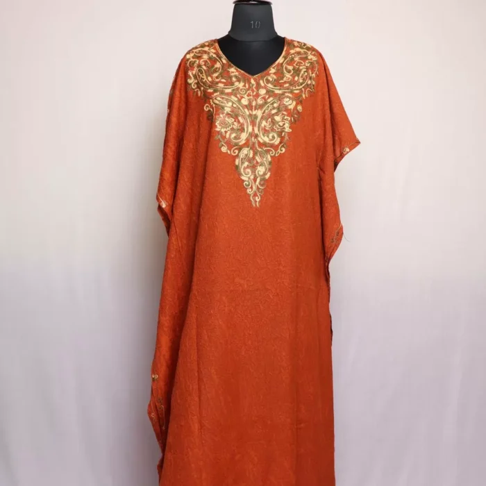 Brick Red Kashmiri Kaftan – Aari Embroidered Crush Cotton L54