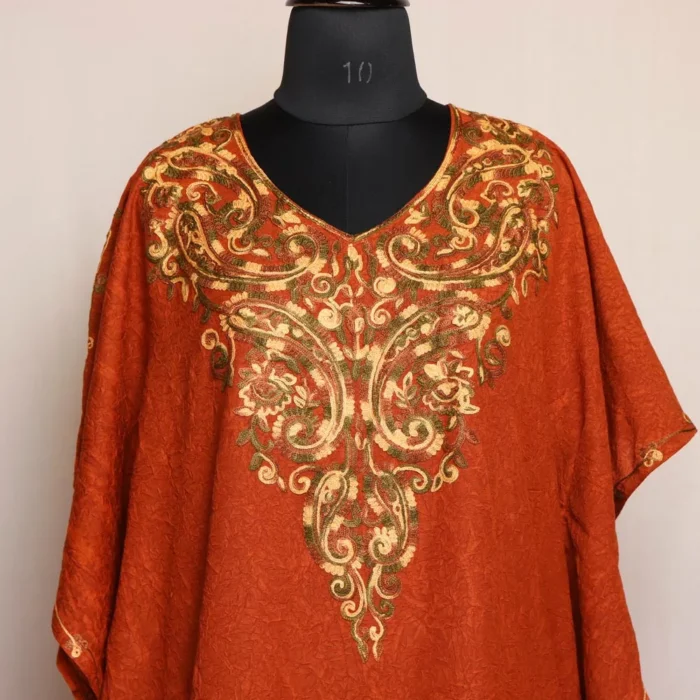 Brick Red Kashmiri Kaftan – Aari Embroidered Crush Cotton L54 - Image 2