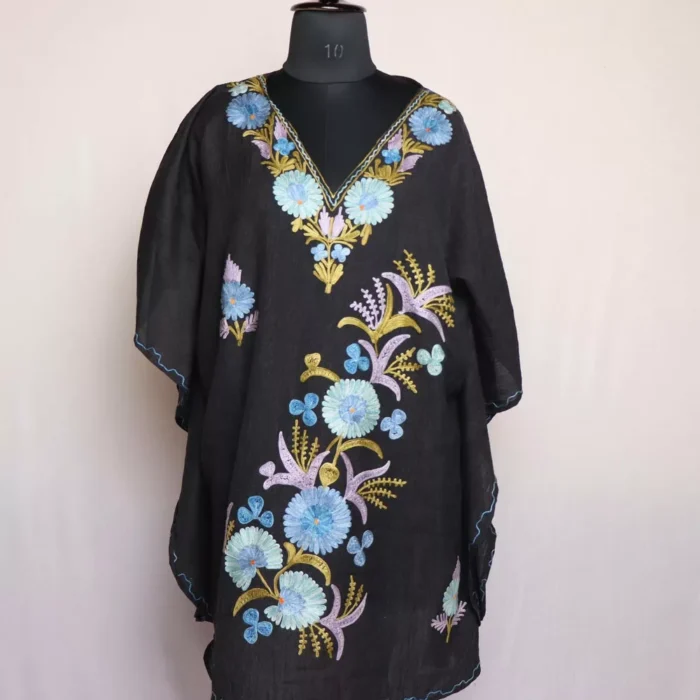 Black Aabi Short Kashmiri Kaftan – Aari Embroidered Crush Cotton