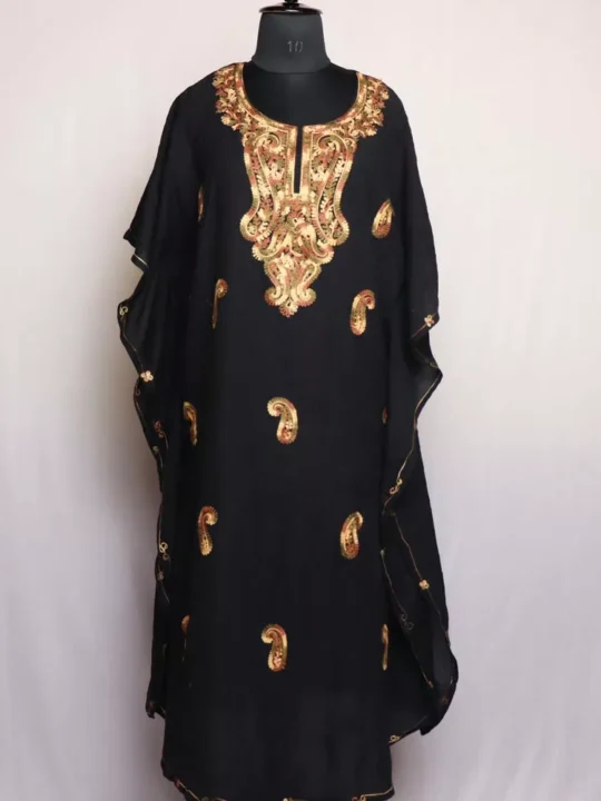 Black Kashmiri Kaftan – Aari Embroidered Crush Cotton