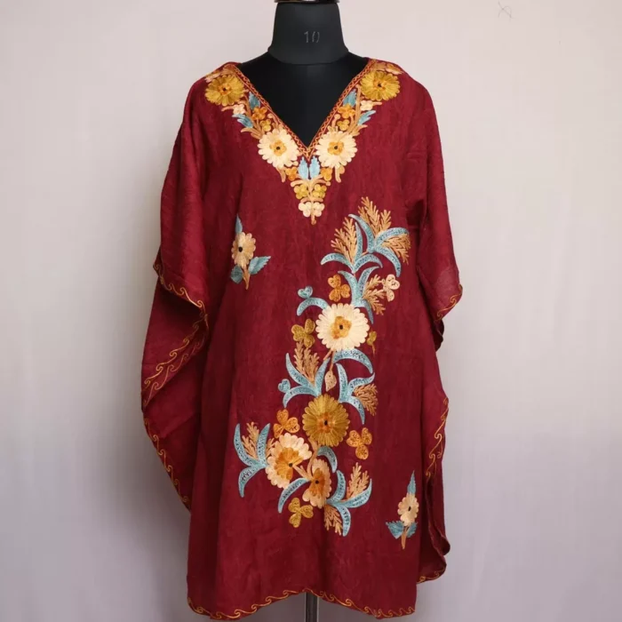 Maroon Shah Short Kashmiri Kaftan – Aari Embroidered Crush Cotton
