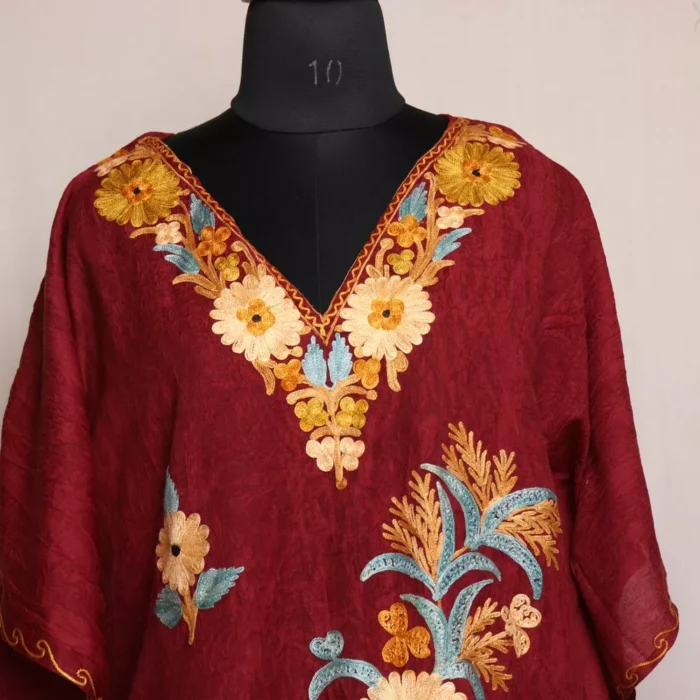 Maroon Shah Short Kashmiri Kaftan – Aari Embroidered Crush Cotton - Image 2
