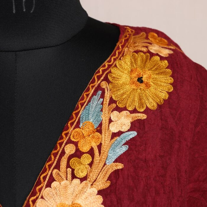 Maroon Shah Short Kashmiri Kaftan – Aari Embroidered Crush Cotton - Image 3