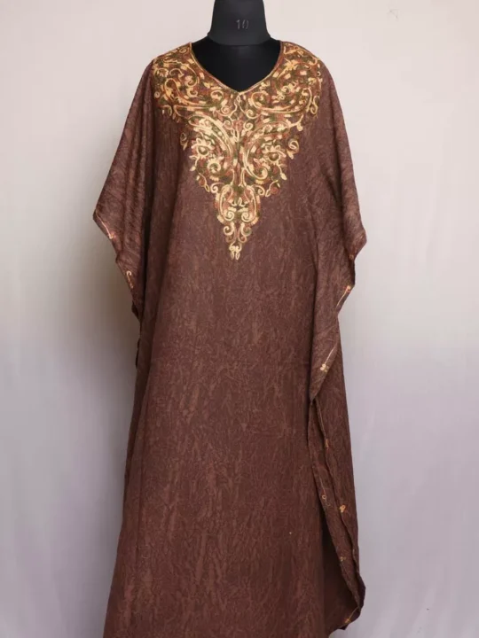 Brown Kashmiri Kaftan – Aari Embroidered Crush Cotton L54