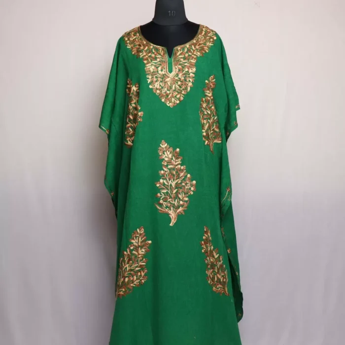 Green Kashmiri Kaftan – Aari Embroidered Crush Cotton L52