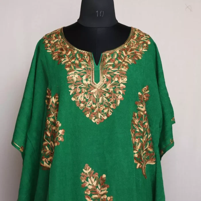 Green Kashmiri Kaftan – Aari Embroidered Crush Cotton L52 - Image 2