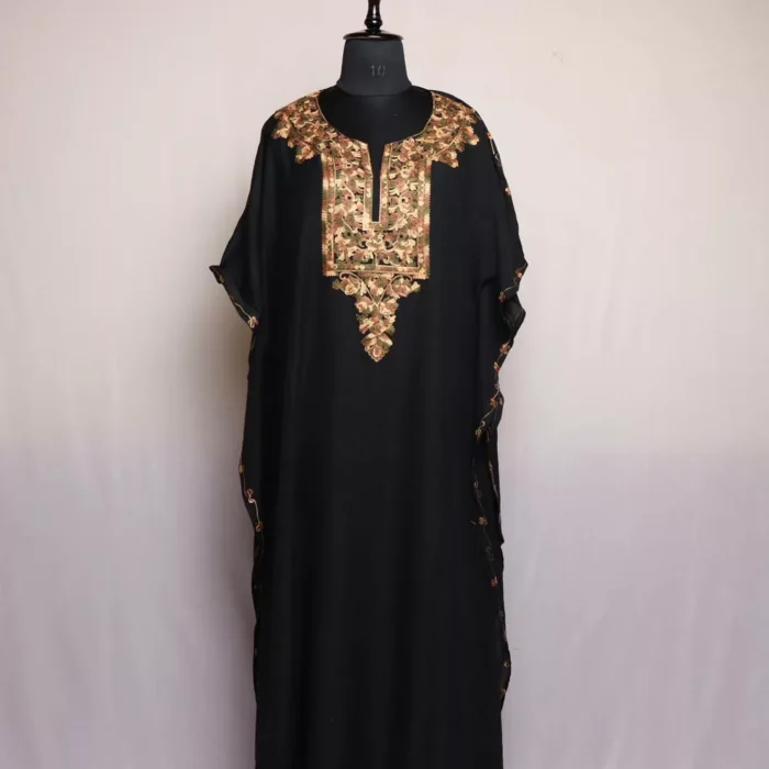 Black Kashmiri Kaftan – Aari Embroidered Crush Cotton L58