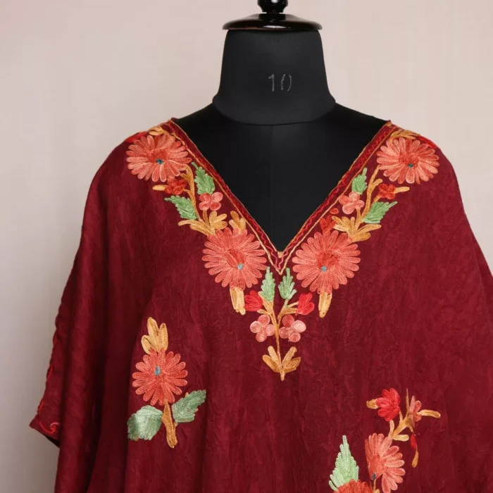 Maroon Miri Short Kashmiri Kaftan – Aari Embroidered Crush Cotton - Image 2