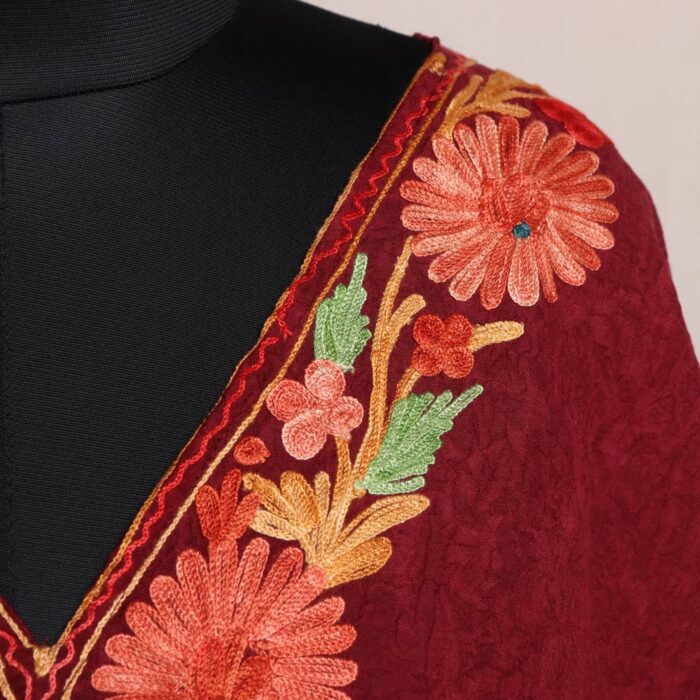 Maroon Miri Short Kashmiri Kaftan – Aari Embroidered Crush Cotton - Image 3