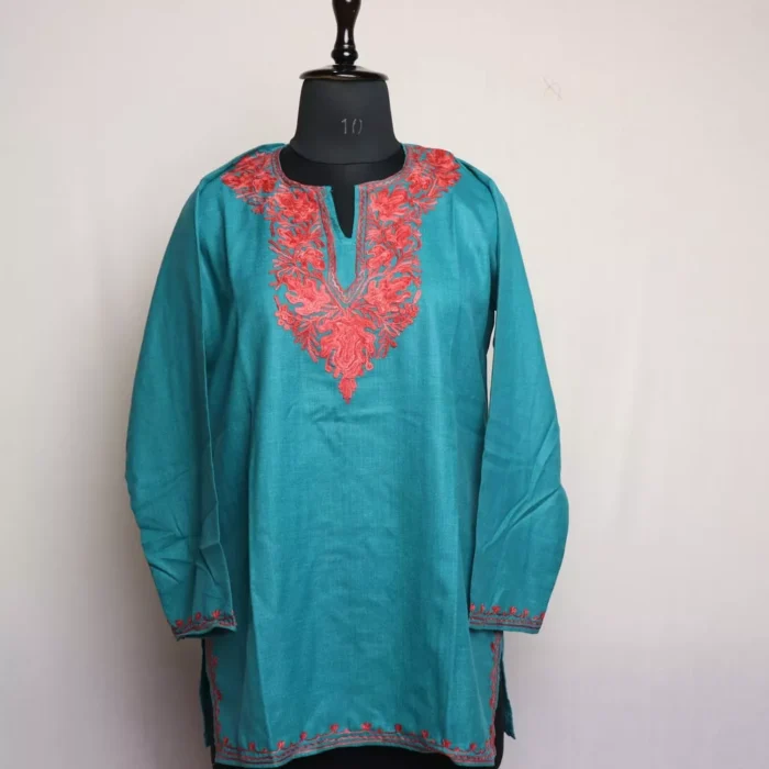 Blue Harud Short Ruby Cotton Kurta with Aari Embroidery