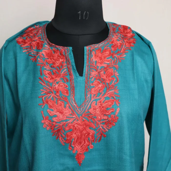 Blue Harud Short Ruby Cotton Kurta with Aari Embroidery - Image 2