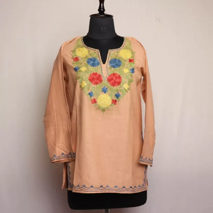 Light Peach Short Ruby Cotton Kurta with Aari Embroidery