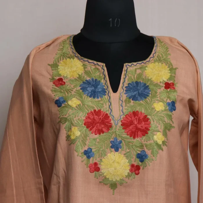 Light Peach Short Ruby Cotton Kurta with Aari Embroidery - Image 2