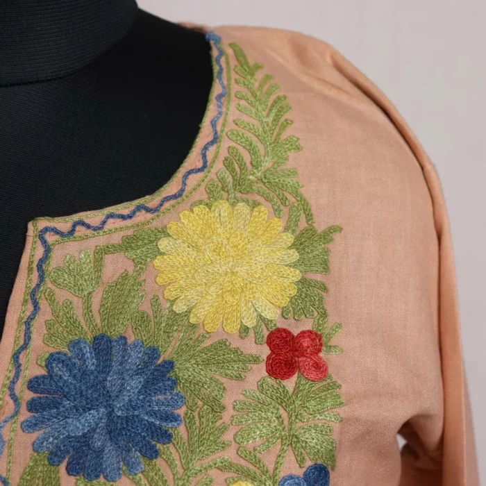 Light Peach Short Ruby Cotton Kurta with Aari Embroidery - Image 3