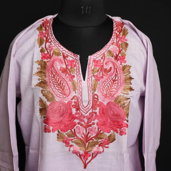 Lavender Short Ruby Cotton Kurta with Aari Embroidery - Image 2