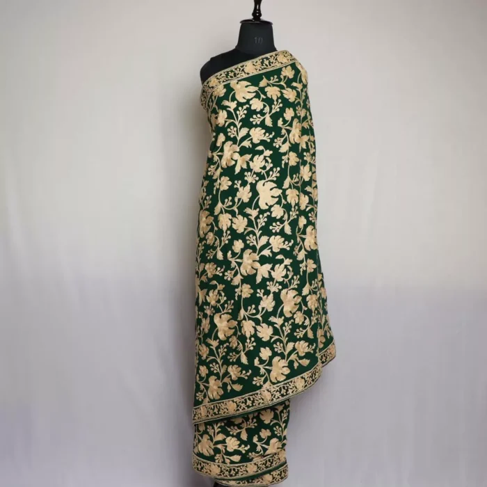 Dark Green Chinar Georgette Kashmiri Saree With Aari Embroidery - Image 5