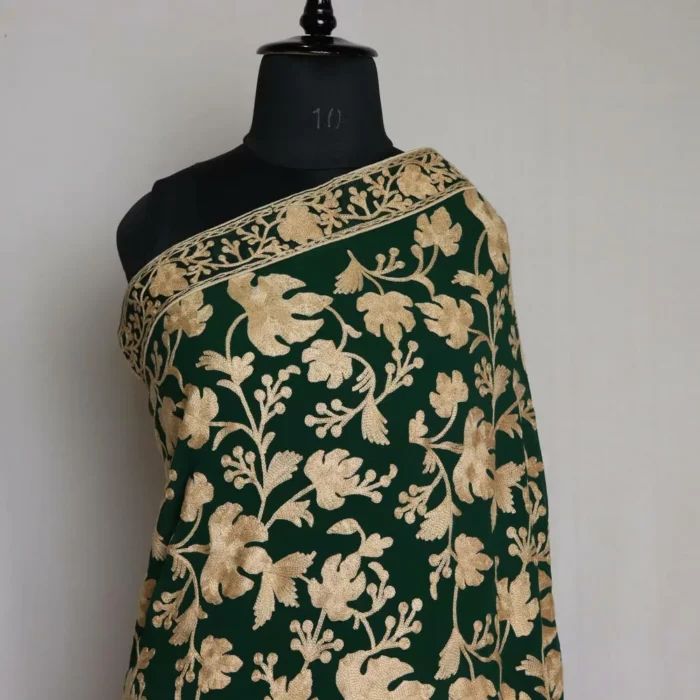 Dark Green Chinar Georgette Kashmiri Saree With Aari Embroidery - Image 2