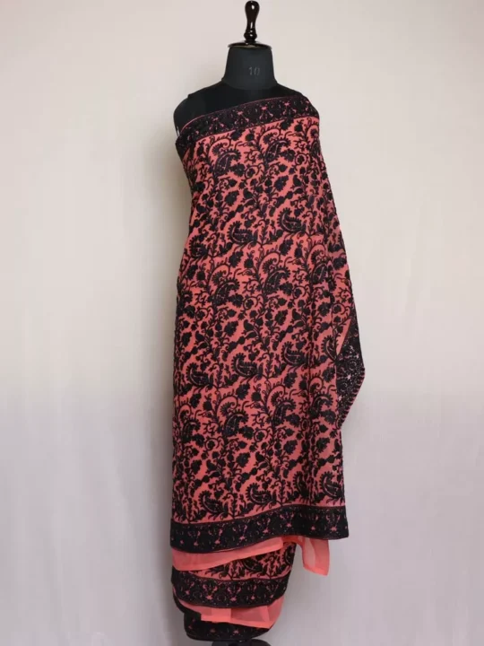 Melon Color Kashmiri Saree | Georgette Indian Saree With Aari Kadai