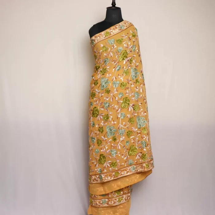 Light Mustard Kashmiri Saree | Georgette Indian Saree With Aari Kadai