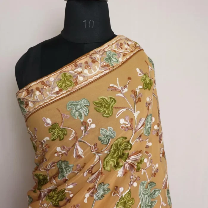 Light Mustard Kashmiri Saree | Georgette Indian Saree With Aari Kadai - Image 2