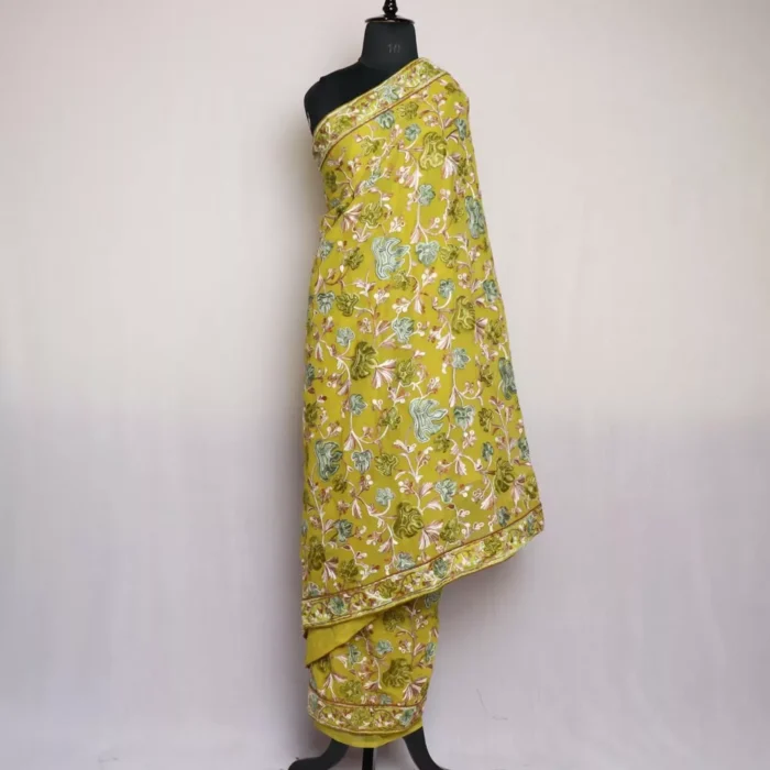 Olive Green Chinari Kashmiri Saree | Georgette Indian Saree With Aari Kadai