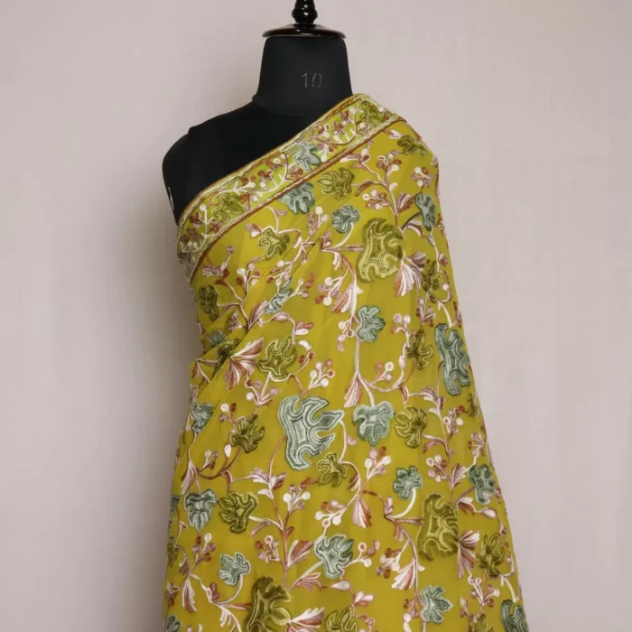 Olive Green Chinari Kashmiri Saree | Georgette Indian Saree With Aari Kadai - Image 2