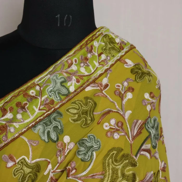 Olive Green Chinari Kashmiri Saree | Georgette Indian Saree With Aari Kadai - Image 3