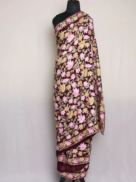 Wine and Pink Kashmiri Saree | Georgette Indian Saree With Aari Kadai